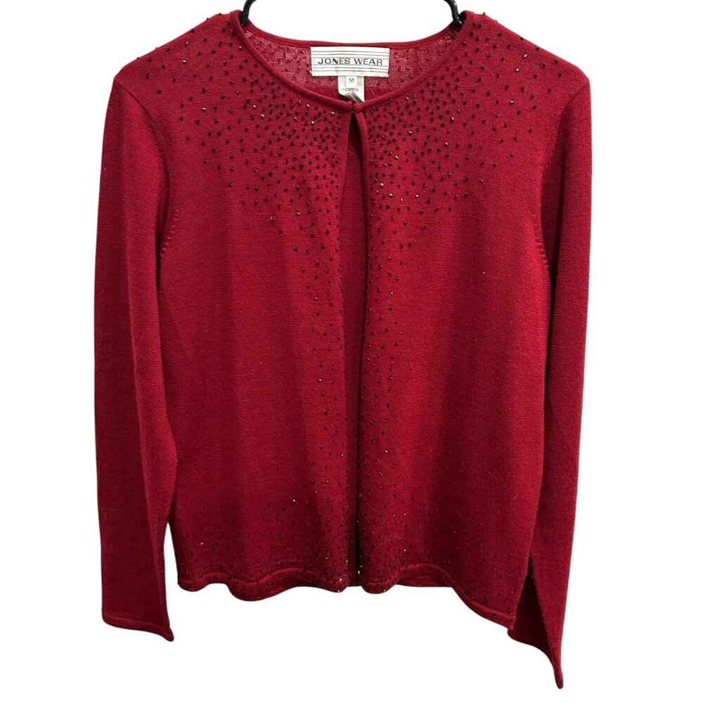 Jones Wear Red Long Sleeve Cardigan Sweater With Beaded Accents Womens Sz Medium